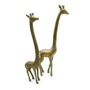 Set of 2 Vintage Solid Brass Giraffe Statue 16" 17.5" Hollywood Regency MCM